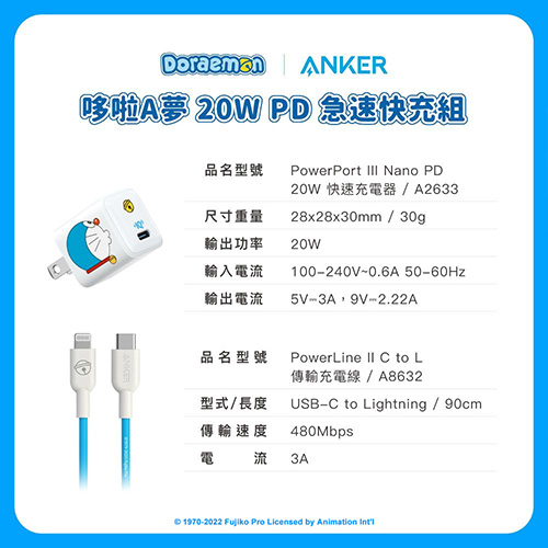 哆啦A夢快充組 (A2633 20W PD充電器+A8632快充線)