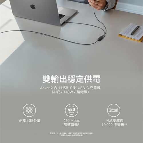 A8895 2-in-1 Type-C to Type-C 140W 充電線 1.2m-黑