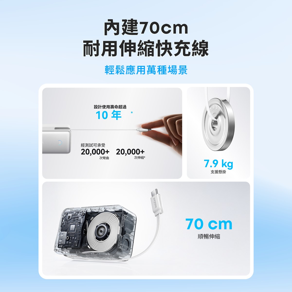 A1638 行動電源 10000mAh 45W自帶伸縮線-極光白