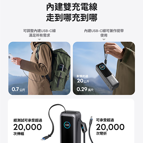 A1695 行動電源 25000mAh 165W 自帶伸縮線 黑灰色【新品預購】