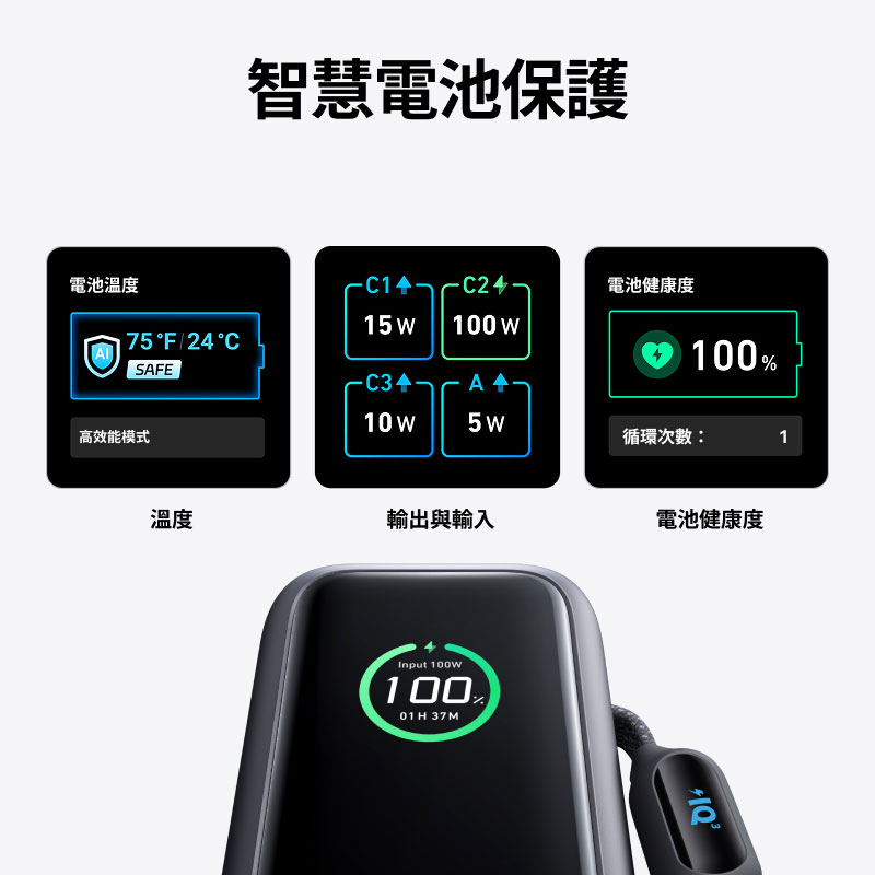 A1695 行動電源 25000mAh 165W 自帶伸縮線 黑灰色